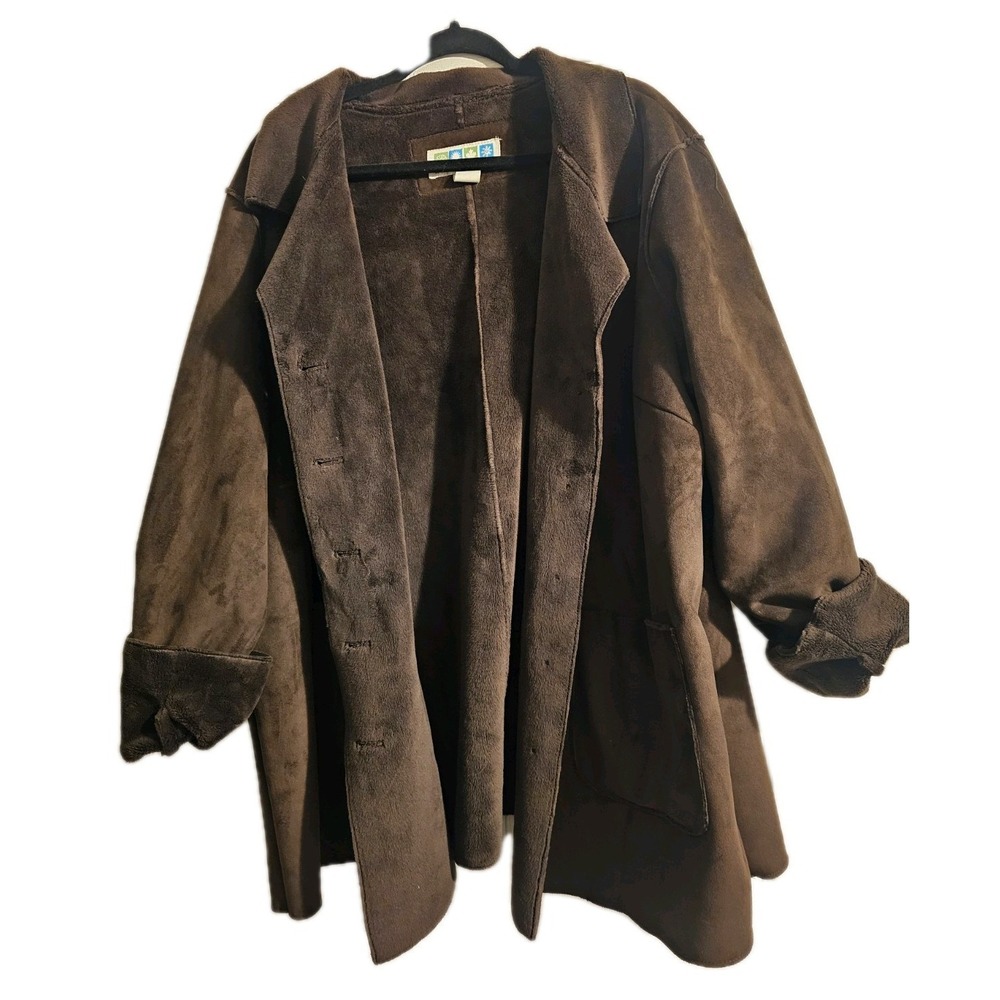 Plus Size Womens 2X Jacket Coat Faux Suede Button Up Pockets Faux Fur Brown New